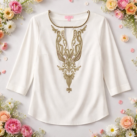 Lilly Pulitzer Tops - Lilly Pulitzer Embroidered Ivory Tunic Top with Gold Detail
